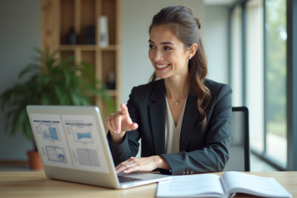 Femme professionnelle pointant des diagrammes sur son ordinateur