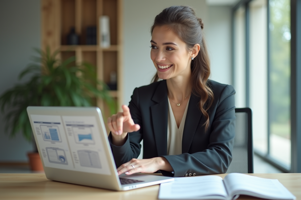 Femme professionnelle pointant des diagrammes sur son ordinateur