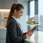 Femme souriante utilisant une application de réalité augmentée pour l'immobilier