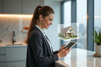 Femme souriante utilisant une application de réalité augmentée pour l'immobilier