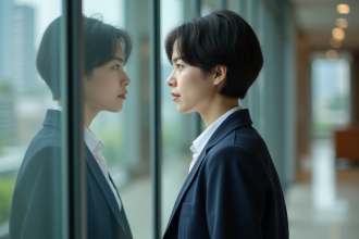 Jeune femme en réflexion dans un bureau moderne