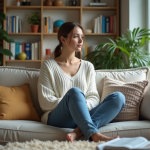 Femme détendue assise sur un canapé dans un salon cosy