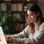 Femme consultant les résultats d'un quiz en ligne sur un ordinateur portable dans un bureau à domicile