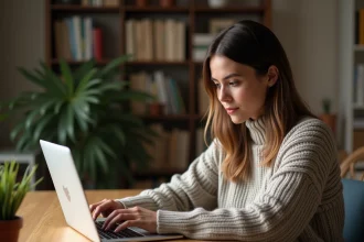 Femme consultant les résultats d'un quiz en ligne sur un ordinateur portable dans un bureau à domicile