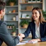 Femme d'affaires souriante serrant la main d'un homme