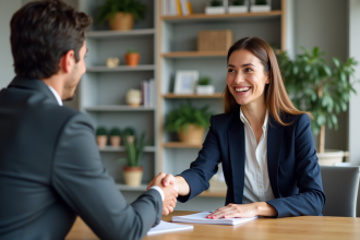 Femme d'affaires souriante serrant la main d'un homme