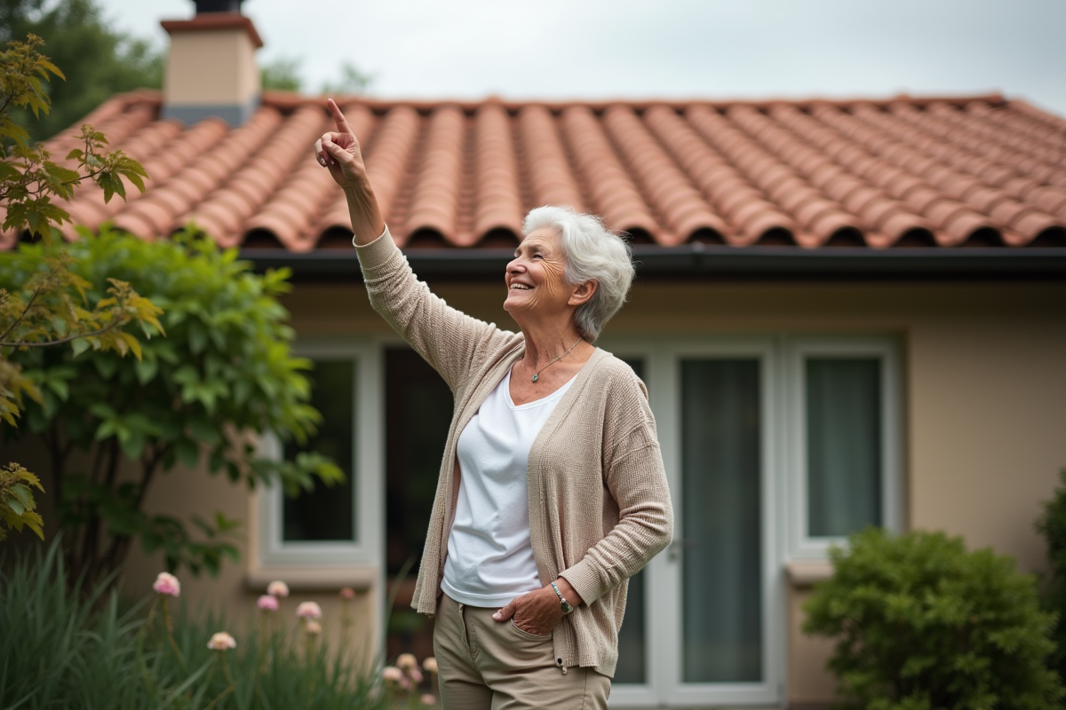 Femme souriante montrant le toit en tuiles romaines neuves