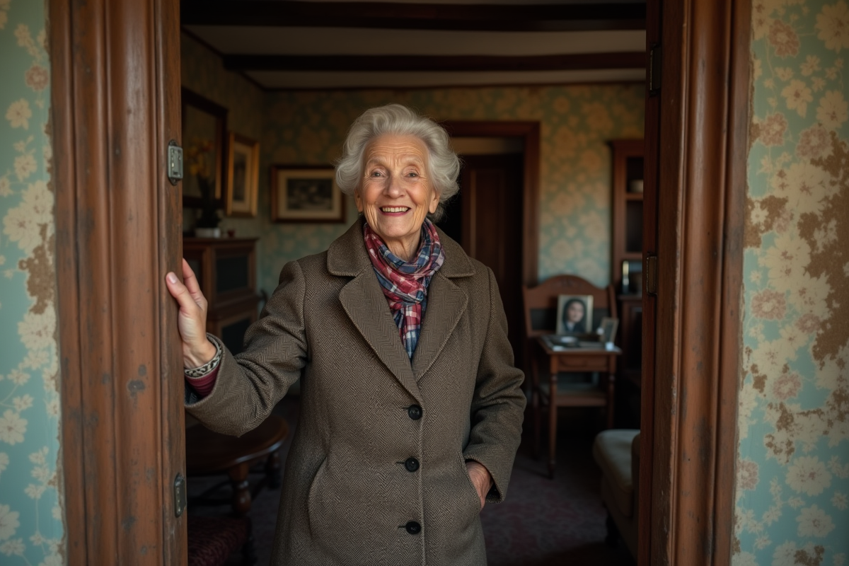 Femme âgée souriante ouvrant la porte de sa maison ancienne