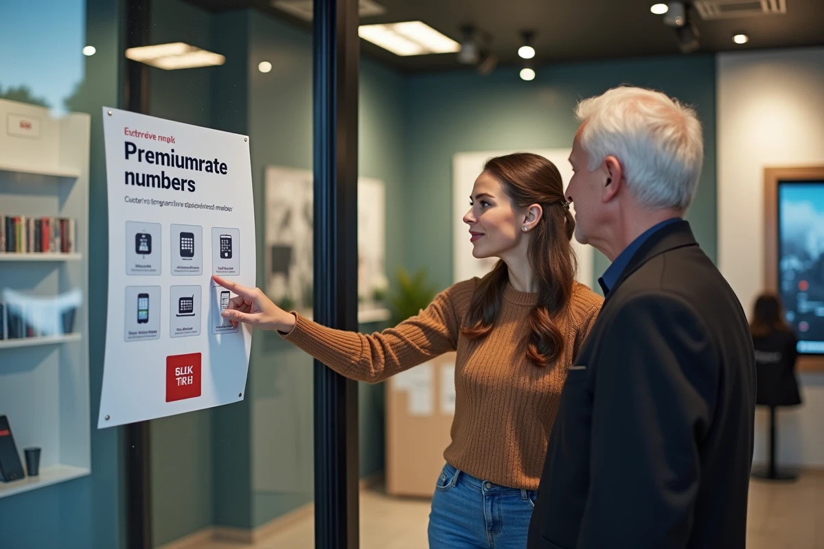 Jeune femme expliquant une affiche dans un magasin de téléphones
