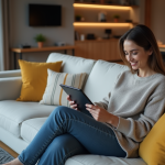 Femme utilisant une tablette pour contrôler la maison connectée