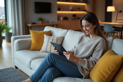 Femme utilisant une tablette pour contr&ocirc;ler la maison connect&eacute;e