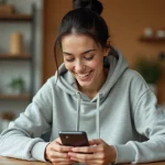 Jeune femme souriante regardant son smartphone avec excitation, illustrant la réception de notifications de dés gratuits sur Monopoly GO