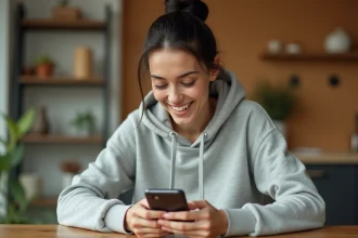 Jeune femme souriante regardant son smartphone avec excitation, illustrant la réception de notifications de dés gratuits sur Monopoly GO
