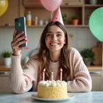 Jeune femme souriante en sweater pastel lors d'une fête d'anniversaire