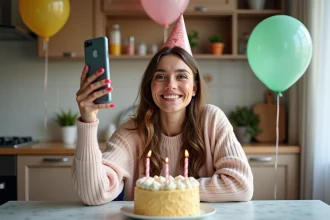 Jeune femme souriante en sweater pastel lors d'une fête d'anniversaire