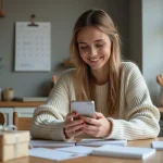 Femme souriante avec smartphone dans la cuisine chaleureuse