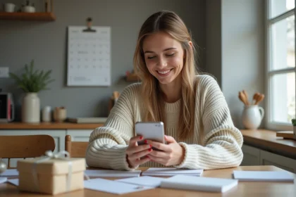 Femme souriante avec smartphone dans la cuisine chaleureuse