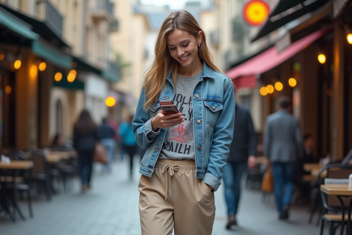 Jeune femme souriante dans la rue avec son smartphone