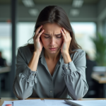 Femme stressée au bureau avec fatigue visible
