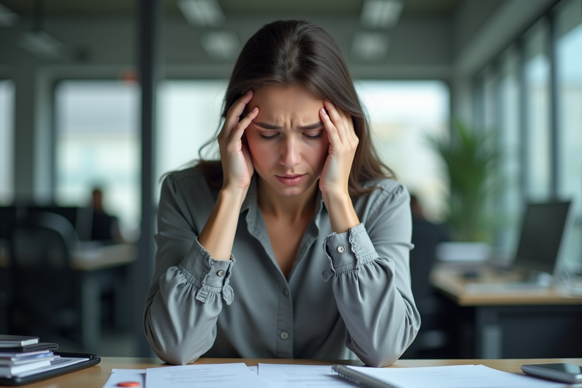 Femme stressée au bureau avec fatigue visible