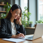 Jeune femme souriante en bureau avec logiciel de traduction