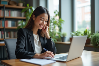 Jeune femme souriante en bureau avec logiciel de traduction