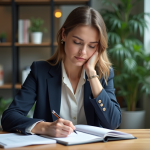 Femme en blazer écrivant dans un carnet dans un bureau moderne