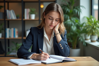 Femme en blazer écrivant dans un carnet dans un bureau moderne