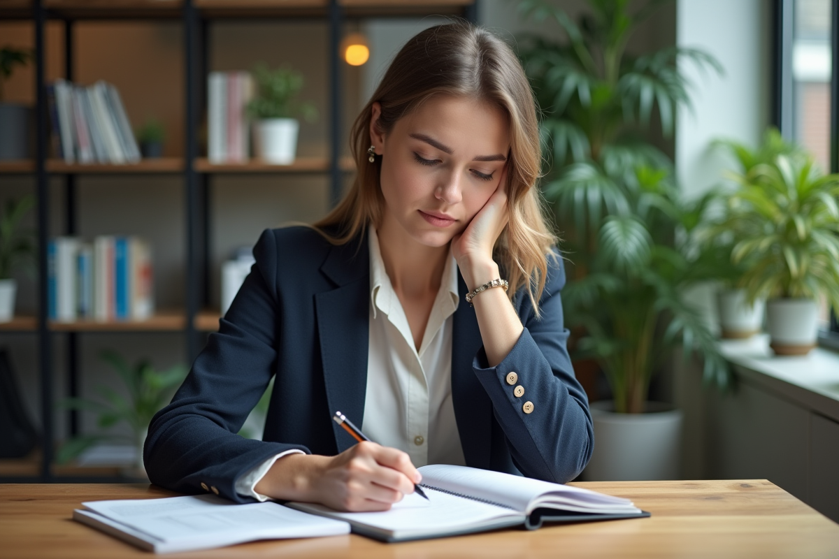 Femme en blazer écrivant dans un carnet dans un bureau moderne