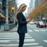 Femme d affaires dans la ville distrait par son smartphone