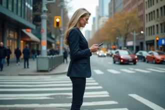 Femme d affaires dans la ville distrait par son smartphone