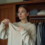 Femme inspectant un pull usé dans sa chambre chaleureuse