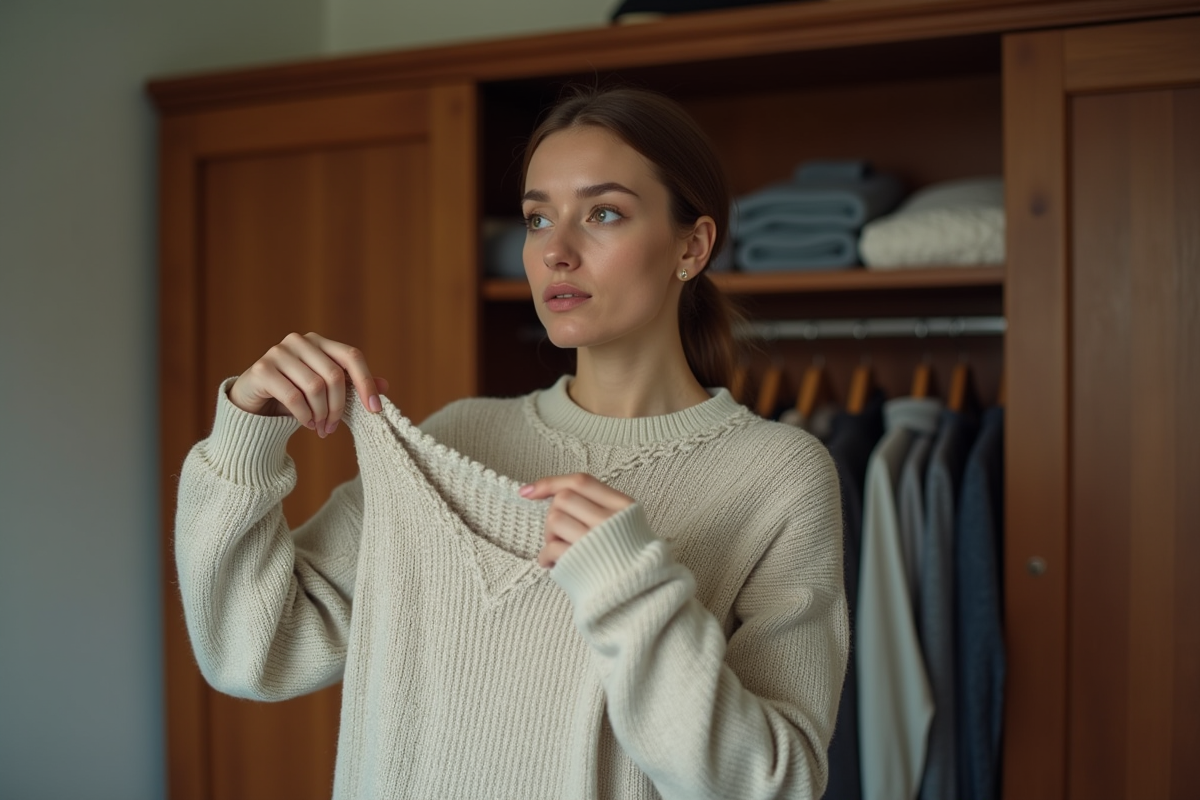 Femme inspectant un pull usé dans sa chambre chaleureuse