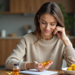 Femme relaxee prenant des vitamines dans la cuisine
