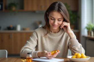 Femme relaxee prenant des vitamines dans la cuisine