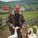 Homme français souriant avec des canards en ferme