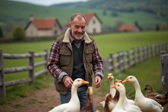 Homme français souriant avec des canards en ferme