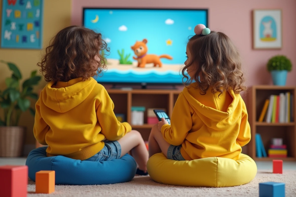 Fillette concentrée sur un programme jeunesse télévisé dans une salle de jeux colorée l'après-midi
