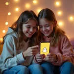 Deux adolescentes rient ensemble en regardant un smartphone affichant une flamme Snapchat dans une chambre cosy