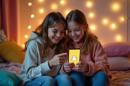 Deux adolescentes rient ensemble en regardant un smartphone affichant une flamme Snapchat dans une chambre cosy