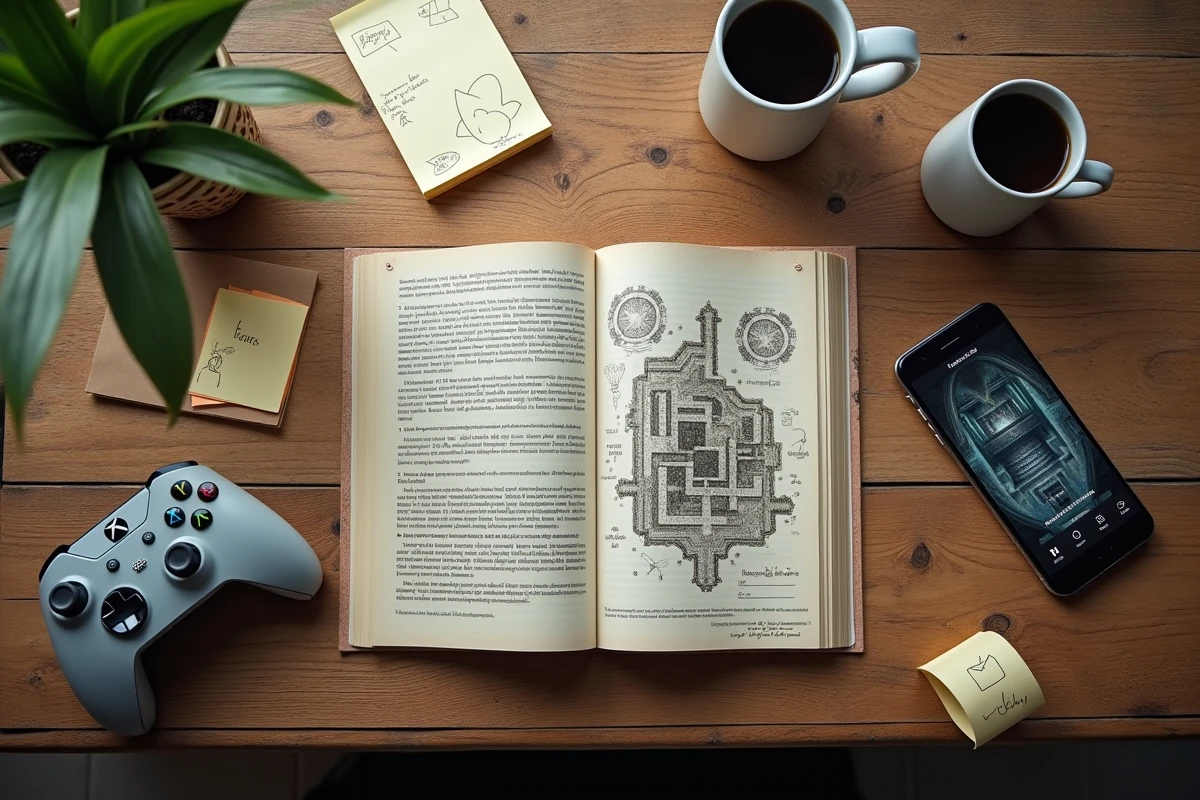 Flat lay d'un guide annoté Silksong avec manette, smartphone et notes manuscrites sur un bureau en bois