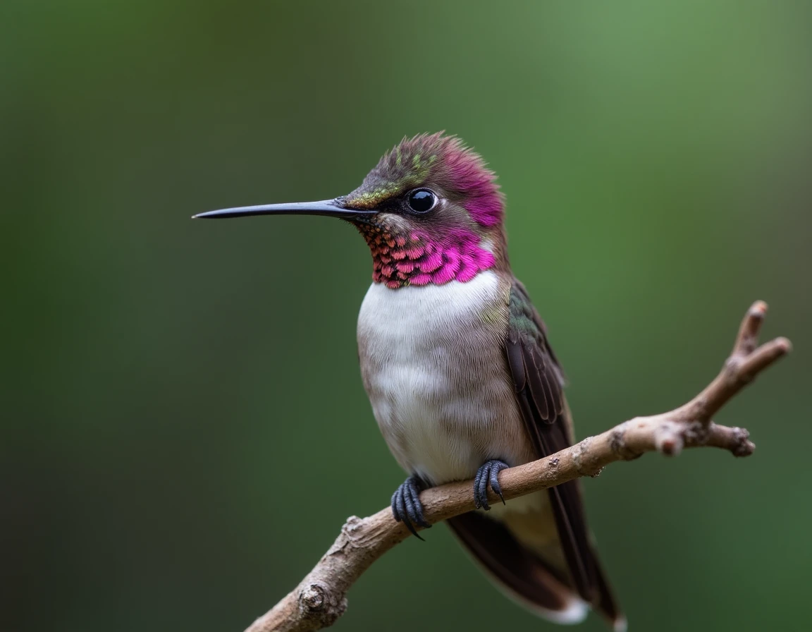 Gros plan d'un colibri posé sur une branche, plumage irisé rose et gris finement détaillé, symbolique de l'animal totem colibri