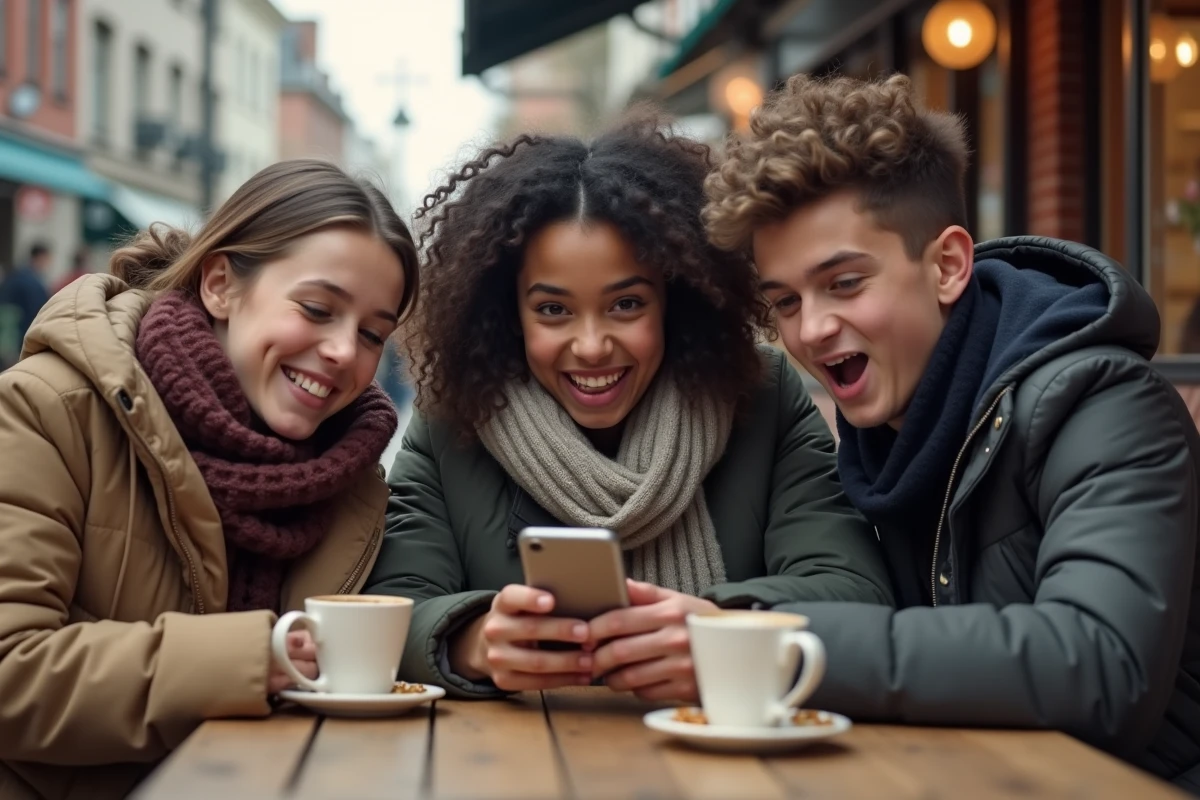 Groupe d'adolescents enthousiastes autour d'un téléphone à une terrasse de café pour maintenir leurs flammes Snapchat