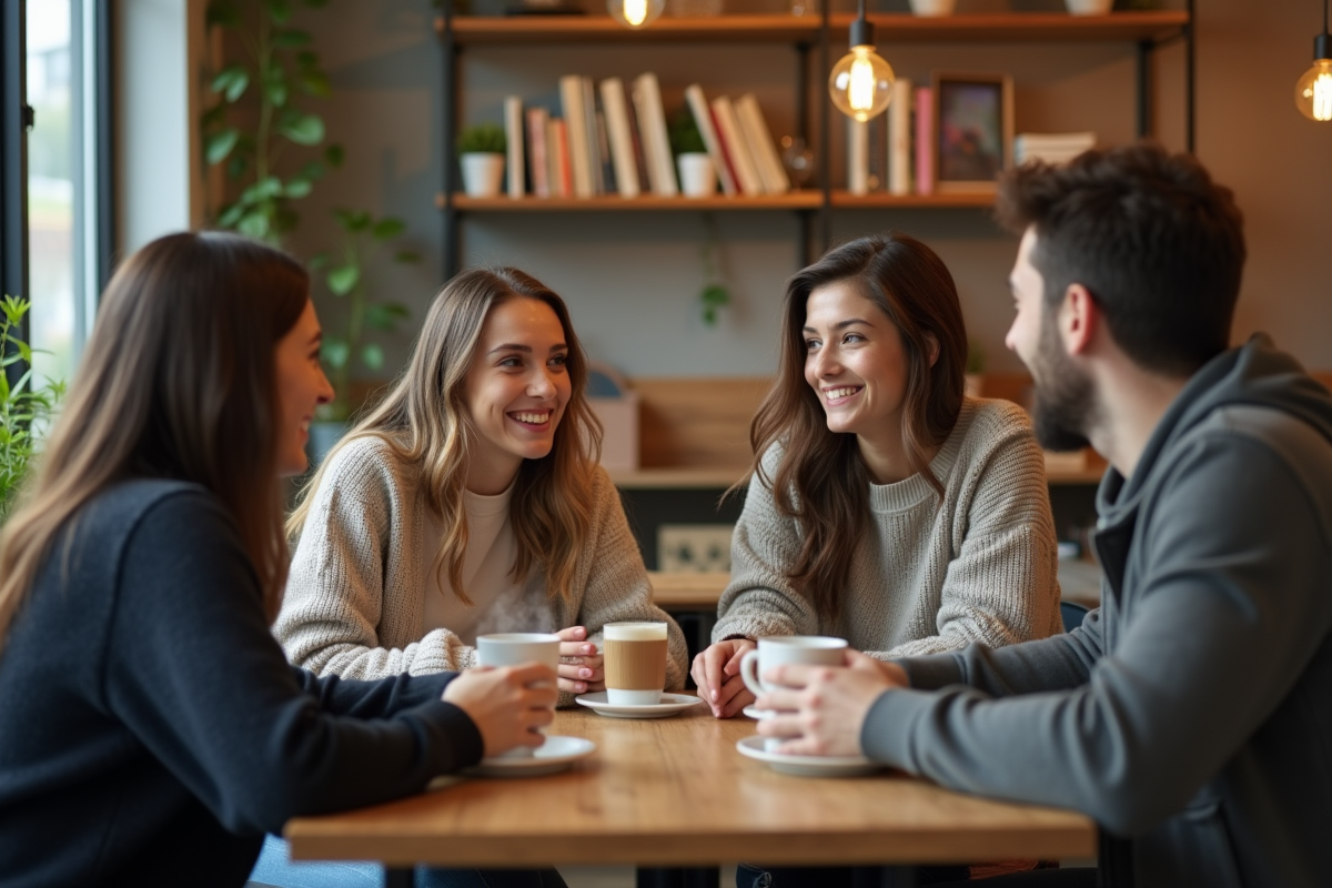 Groupe d amis dans un café cosy et moderne