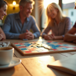 Groupe d'amis jouant au Scrabble autour d'une table en journée