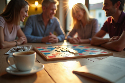 Groupe d'amis jouant au Scrabble autour d'une table en journée