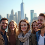 Groupe d'expatriés français souriants devant une ville célèbre