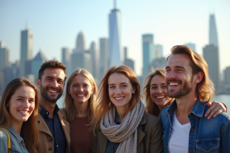 Groupe d'expatriés français souriants devant une ville célèbre