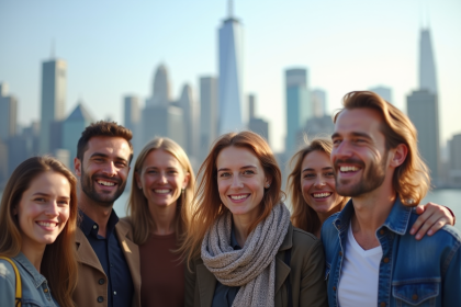 Groupe d'expatriés français souriants devant une ville célèbre