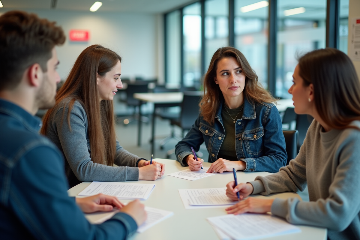 Jeunes adultes diversifiés dans un bureau public moderne